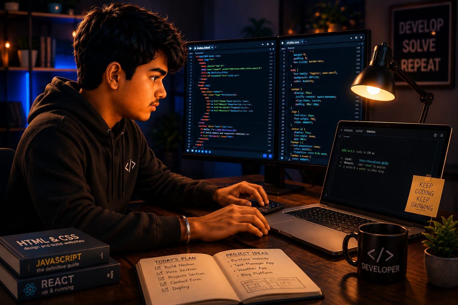 Illustration of a developer coding at night with a laptop and two monitors